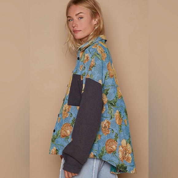 447. POL LAST 1! Shacket Shirt tapestry Oversized Blue Jacquard Floral tapestry - Picture 2 of 5